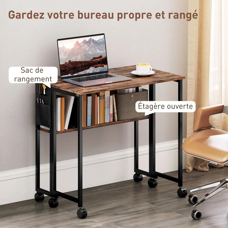 Bureau pliable sur roulettes 80 x 50 x 75 cm gain de place étagère sac latéral 4 freins moderne en MDF brun rustique 21_0002533