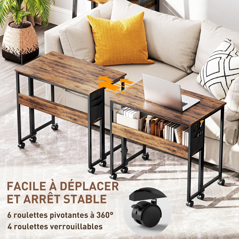 Bureau pliable sur roulettes 80 x 50 x 75 cm gain de place étagère sac latéral 4 freins moderne en MDF brun rustique 21_0002533