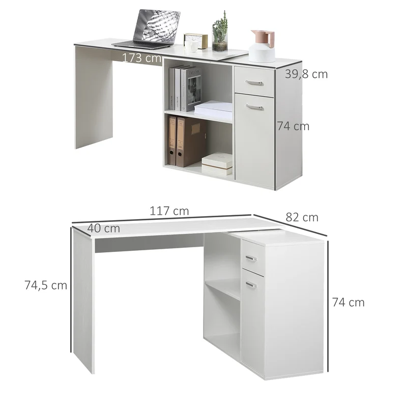 Bureau d'angle rotatif 180° 117 x 82 x 74 cm rangement intégré modulable design épuré en panneau de particules blanc 21_0002403