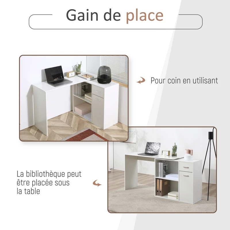 Bureau d'angle rotatif 180° 117 x 82 x 74 cm rangement intégré modulable design épuré en panneau de particules blanc 21_0002403