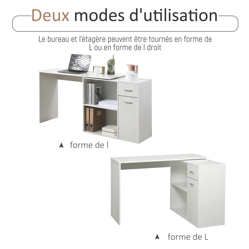 Bureau d'angle rotatif 180° 117 x 82 x 74 cm rangement intégré modulable design épuré en panneau de particules blanc 21_0002403