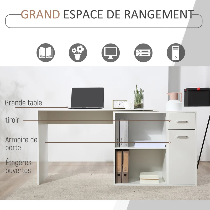 Bureau d'angle rotatif 180° 117 x 82 x 74 cm rangement intégré modulable design épuré en panneau de particules blanc 21_0002403