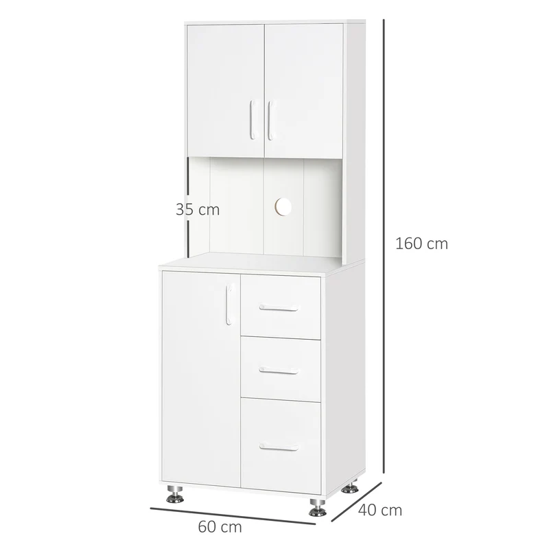 Buffet haut cuisine 60 x 40 x 160 cm rangement optimisé 3 tiroirs salon style moderne en panneaux de particules blanc 21_0002218
