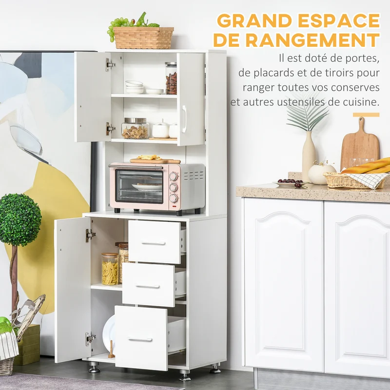 Buffet haut cuisine 60 x 40 x 160 cm rangement optimisé 3 tiroirs salon style moderne en panneaux de particules blanc 21_0002218