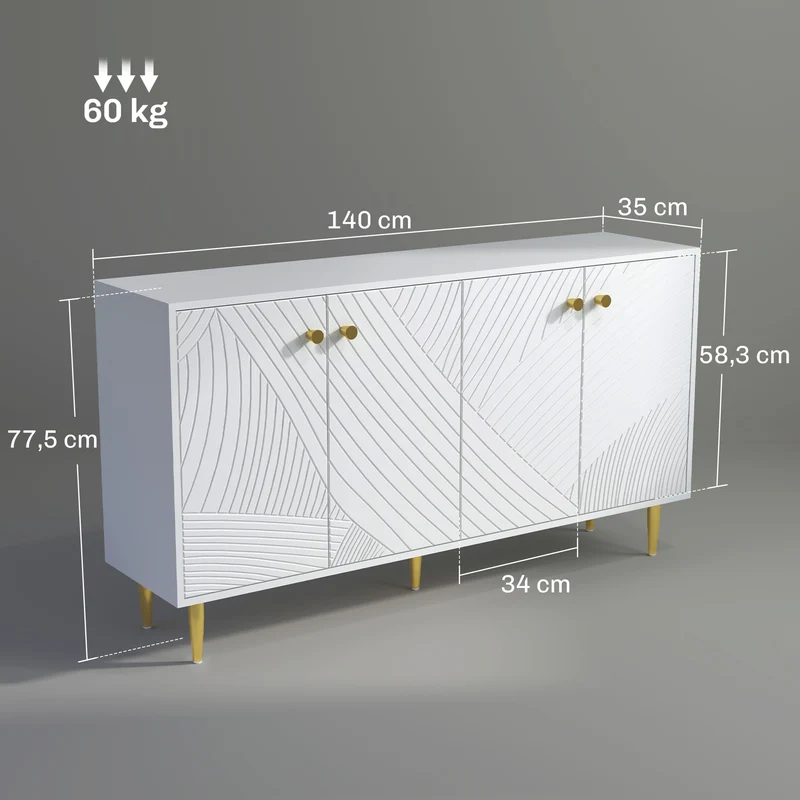 Buffet de salon 140 x 35 x 77.5 cm étagères réglables sécurité anti basculement moderne design compact en MDF blanc 21_0003457