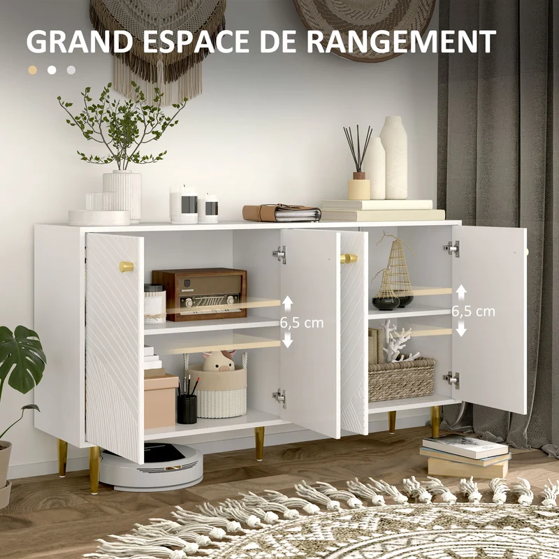 Buffet de salon 140 x 35 x 77.5 cm étagères réglables sécurité anti basculement moderne design compact en MDF blanc 21_0003457