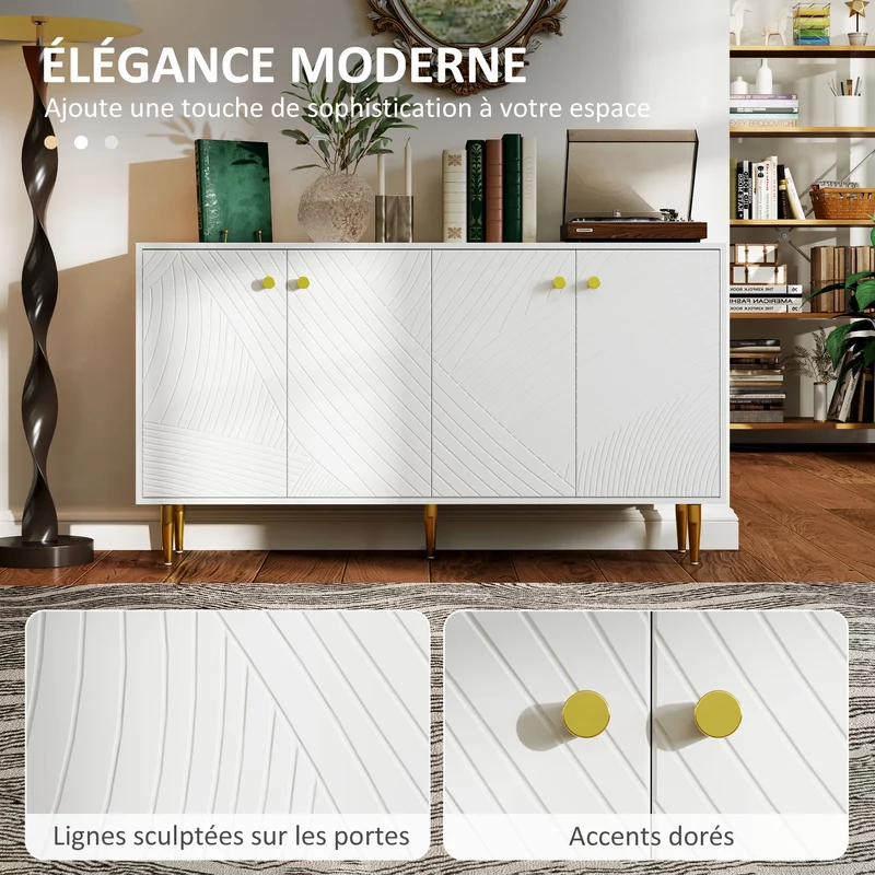 Buffet de salon 140 x 35 x 77.5 cm étagères réglables sécurité anti basculement moderne design compact en MDF blanc 21_0003457
