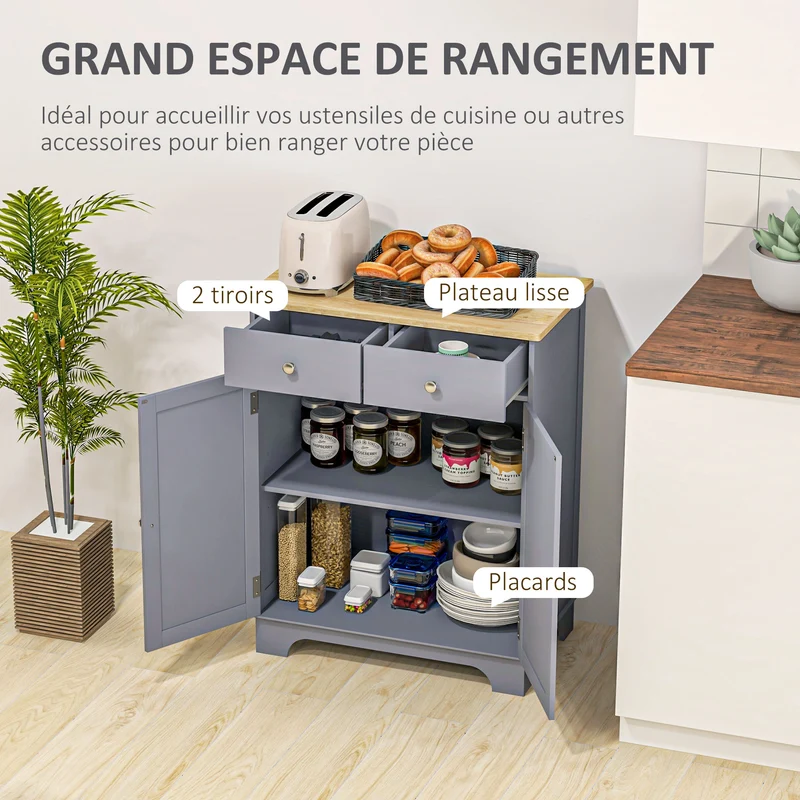 Buffet de rangement salon 68 x 40,3 x 85 cm capacité placards et tiroirs étagères réglables style scandinave en MDF gris 21_0002183