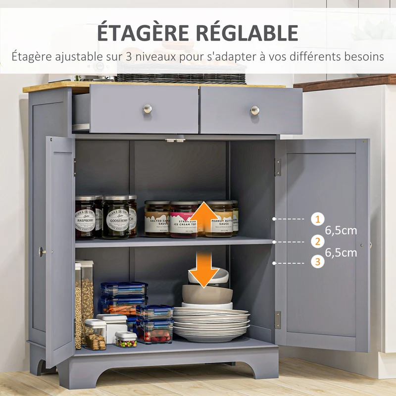 Buffet de rangement salon 68 x 40,3 x 85 cm capacité placards et tiroirs étagères réglables style scandinave en MDF gris 21_0002183
