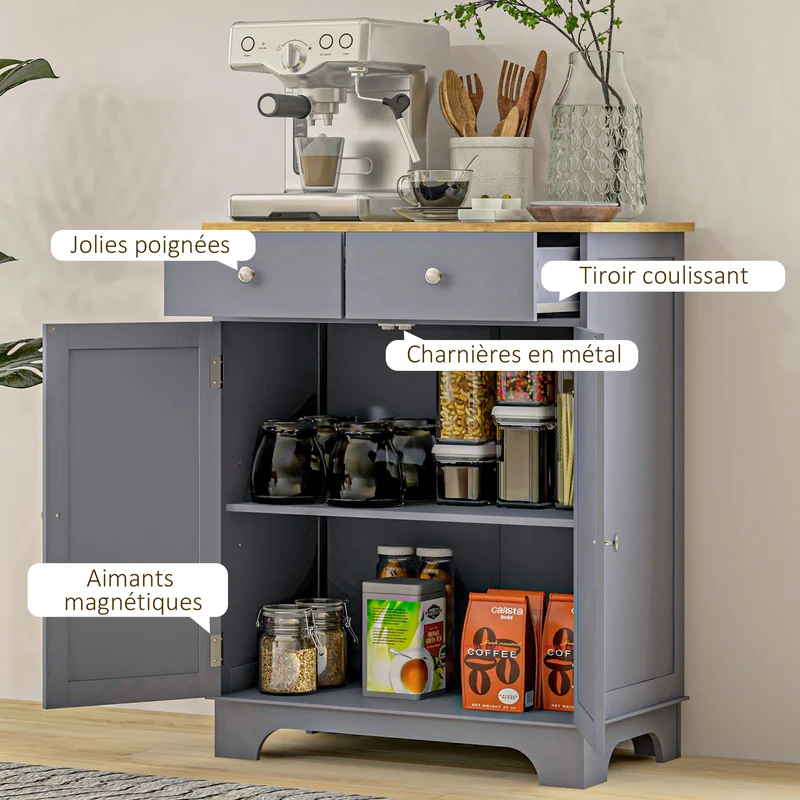 Buffet de rangement salon 68 x 40,3 x 85 cm capacité placards et tiroirs étagères réglables style scandinave en MDF gris 21_0002183
