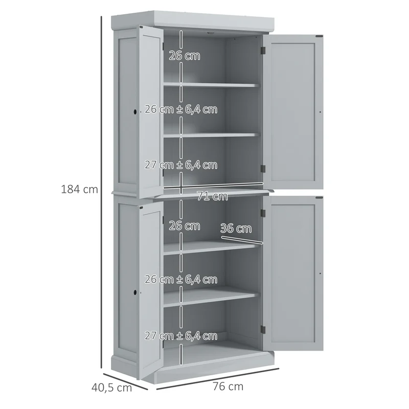 Buffet de cuisine 76 x 40,5 x 184 cm panneaux moulurés étagères réglables portes magnétiques moderne solide en MDF gris 21_0002171