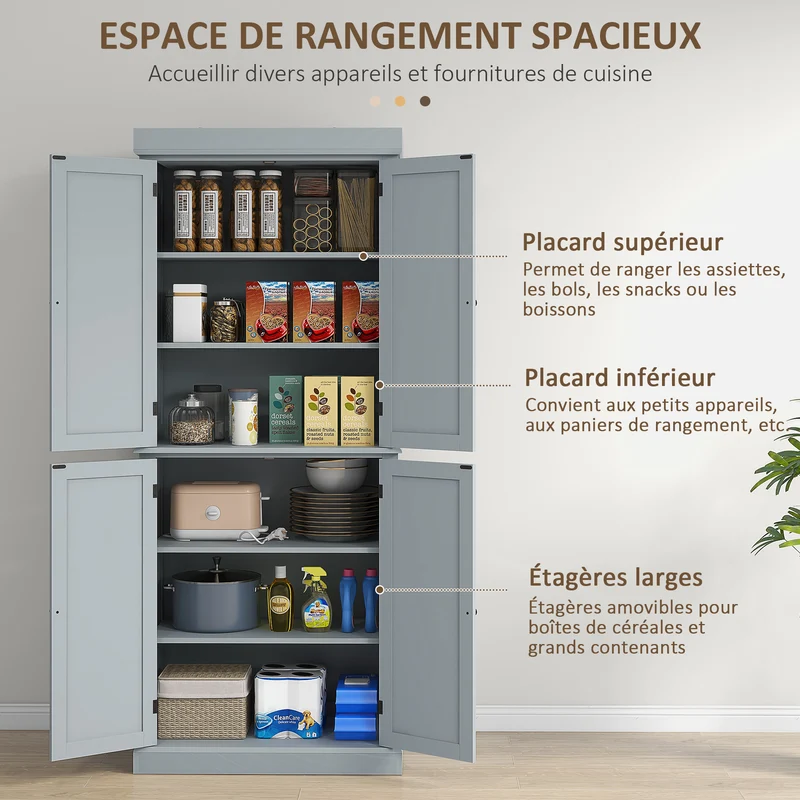 Buffet de cuisine 76 x 40,5 x 184 cm panneaux moulurés étagères réglables portes magnétiques moderne solide en MDF gris 21_0002171