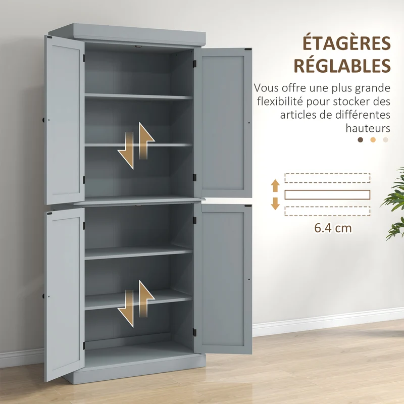 Buffet de cuisine 76 x 40,5 x 184 cm panneaux moulurés étagères réglables portes magnétiques moderne solide en MDF gris 21_0002171