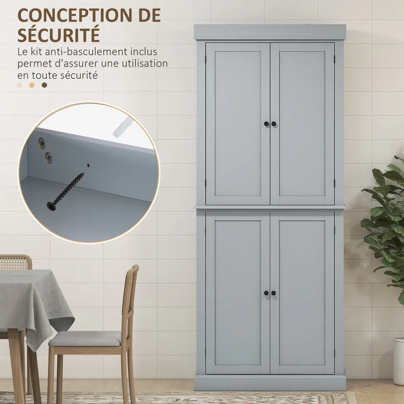 Buffet de cuisine 76 x 40,5 x 184 cm panneaux moulurés étagères réglables portes magnétiques moderne solide en MDF gris 21_0002171