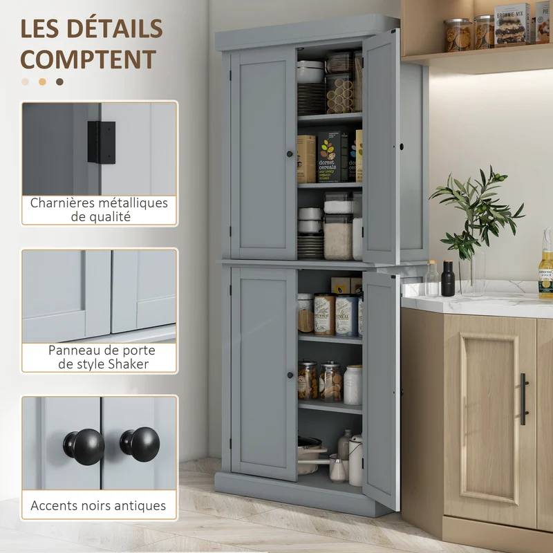 Buffet de cuisine 76 x 40,5 x 184 cm panneaux moulurés étagères réglables portes magnétiques moderne solide en MDF gris 21_0002171