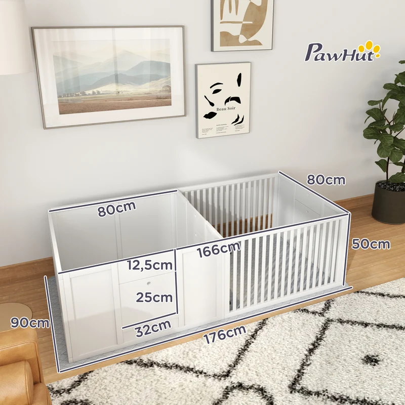 Boîte de mise bas pour chiens et chiots 166 x 80 x 50 cm porte réglable tapis absorbant scandinave épuré en MDF blanc 21_0007461