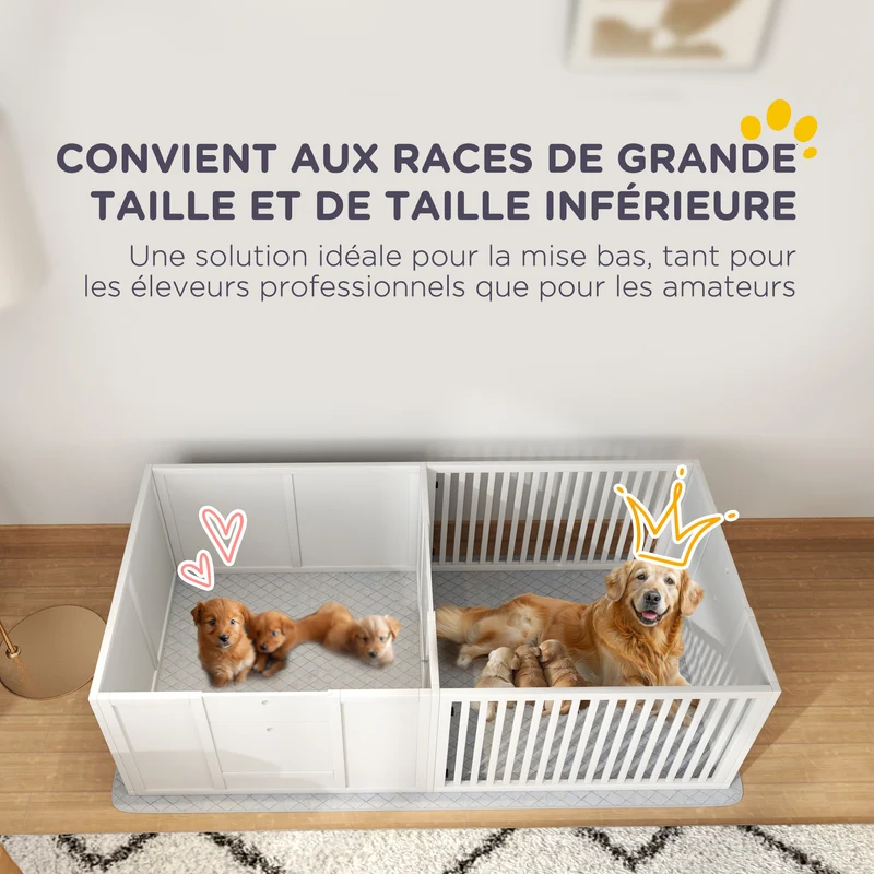 Boîte de mise bas pour chiens et chiots 166 x 80 x 50 cm porte réglable tapis absorbant scandinave épuré en MDF blanc 21_0007461