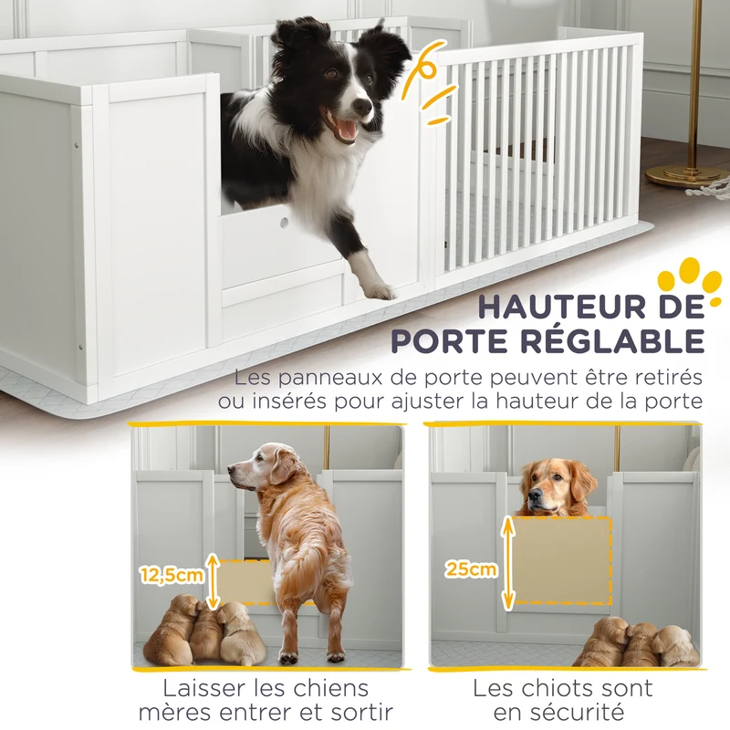 Boîte de mise bas pour chiens et chiots 166 x 80 x 50 cm porte réglable tapis absorbant scandinave épuré en MDF blanc 21_0007461