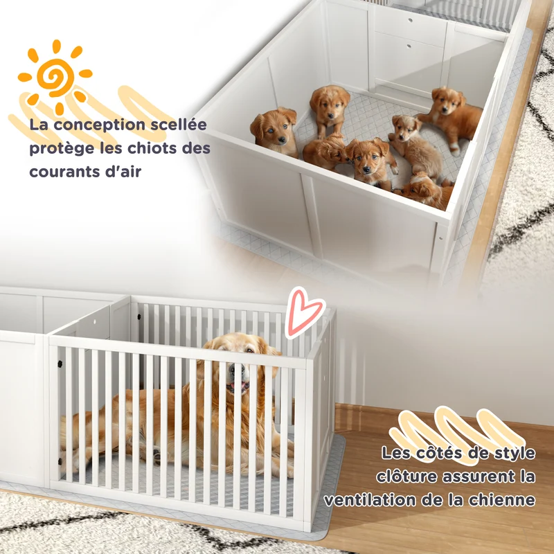Boîte de mise bas pour chiens et chiots 166 x 80 x 50 cm porte réglable tapis absorbant scandinave épuré en MDF blanc 21_0007461