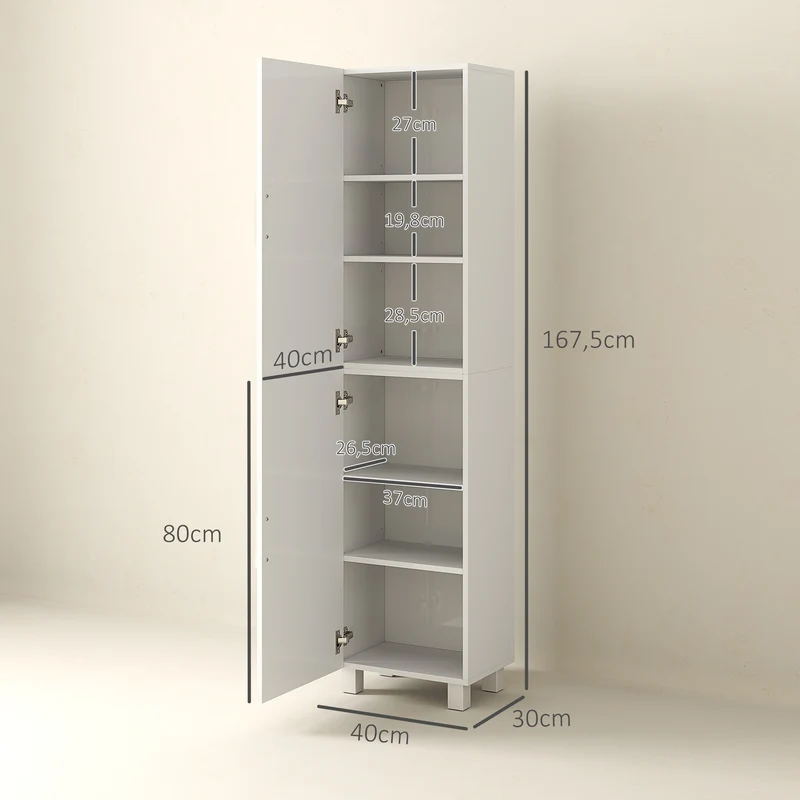 Armoire colonne salle de bain 40 x 30 x 167,5 cm gain de place étagères réglables moderne fini brillant en MDF blanc 21_0002047