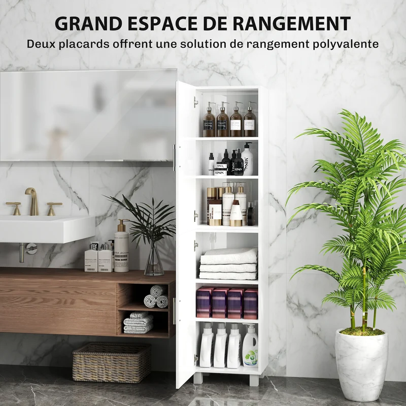 Armoire colonne salle de bain 40 x 30 x 167,5 cm gain de place étagères réglables moderne fini brillant en MDF blanc 21_0002047