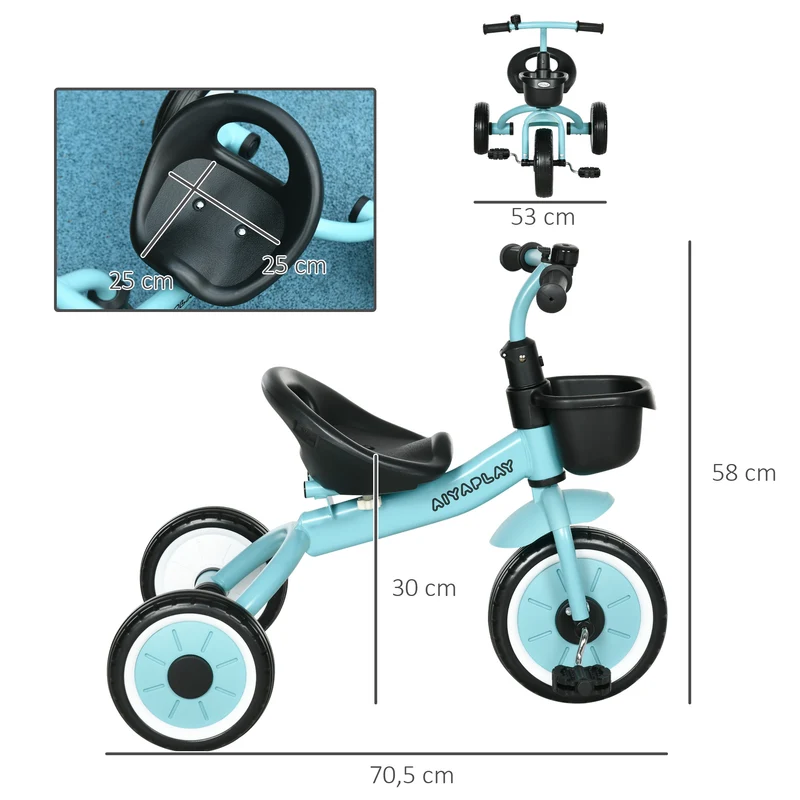 Tricycle enfant pour parc et balade 70.5 x 53 x 58 cm selle réglable dossier ergonomique design moderne en métal bleu 21_0000532