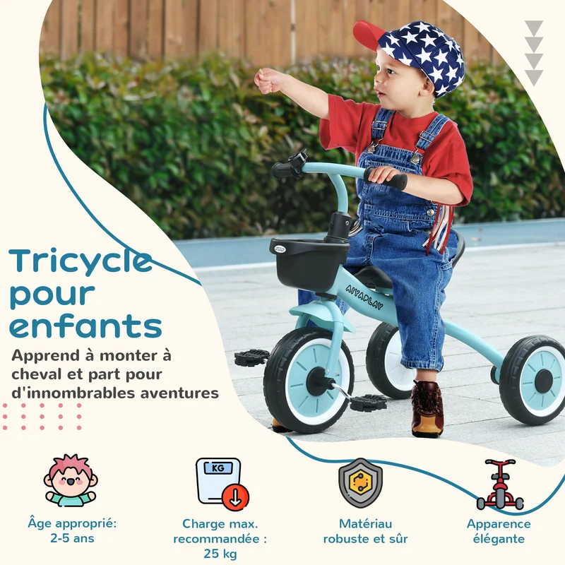 Tricycle enfant pour parc et balade 70.5 x 53 x 58 cm selle réglable dossier ergonomique design moderne en métal bleu 21_0000532