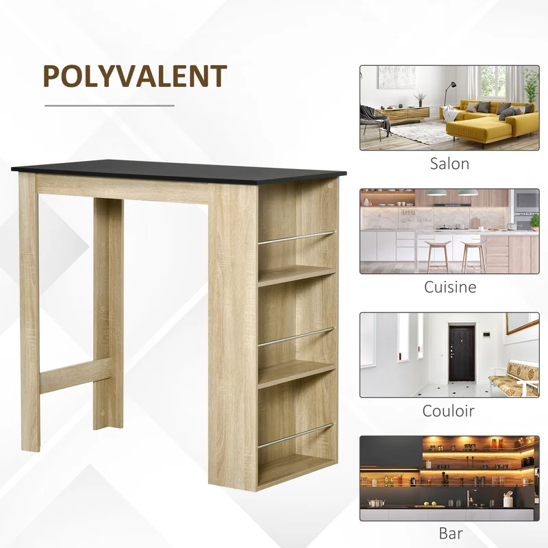 Table de bar mange-debout 112 x 57 x 106 cm 3 étagères gain de place style contemporain en panneau de particules chêne 21_0002221