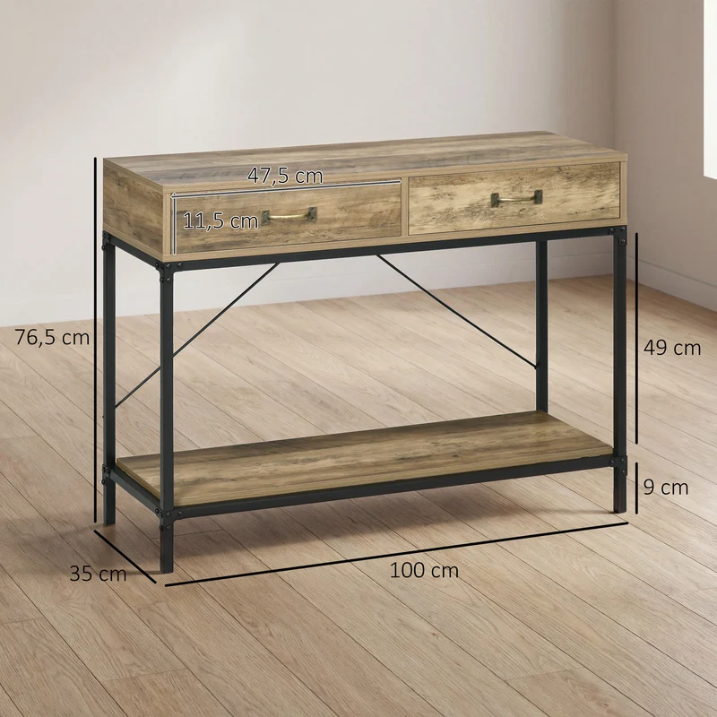 Table console d'entrée 100 x 35 x 76 cm 2 tiroirs et étagère style industriel épuré en panneaux de particules marron 21_0002632