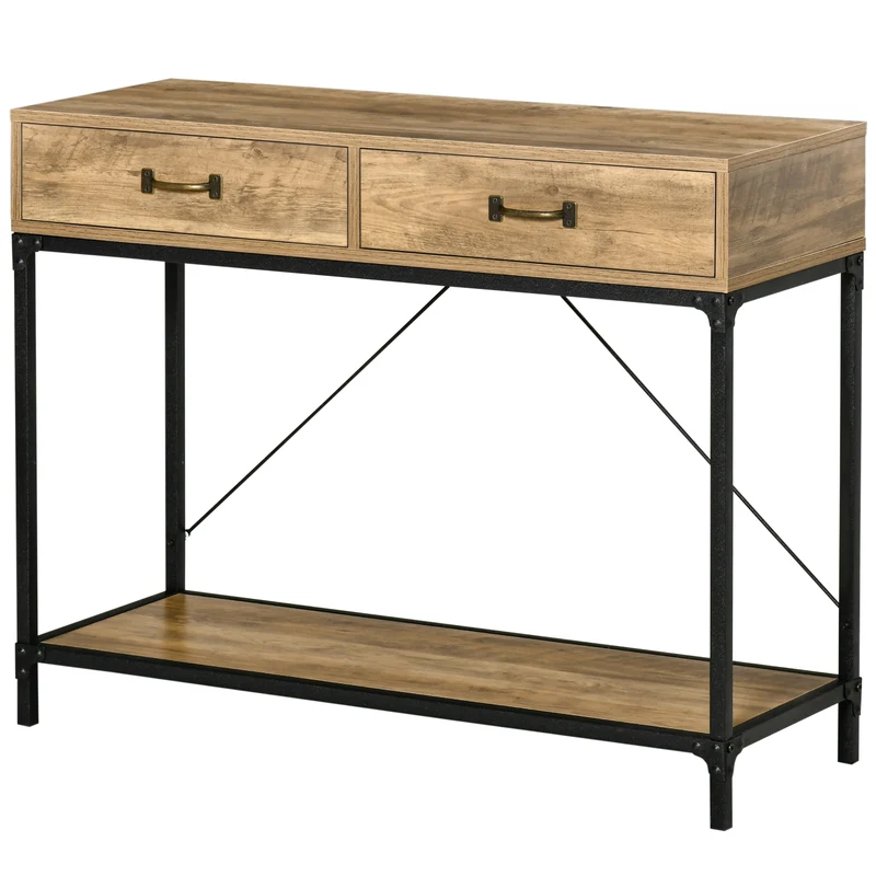 Table console d'entrée 100 x 35 x 76 cm 2 tiroirs et étagère style industriel épuré en panneaux de particules marron 21_0002632