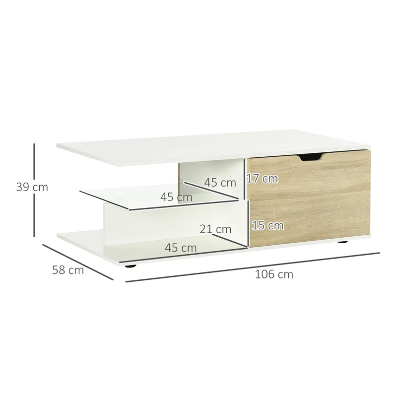 Table basse rectangulaire 106 x 58 x 39 cm 2 tiroirs rangement compact contemporain en panneau de particules blanc 21_0003054