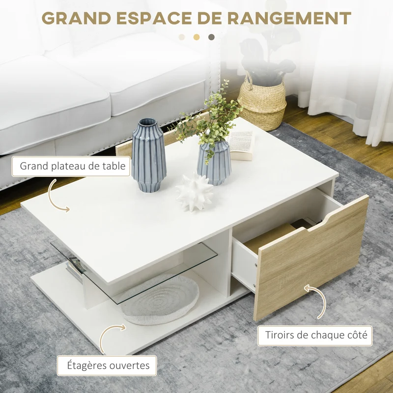 Table basse rectangulaire 106 x 58 x 39 cm 2 tiroirs rangement compact contemporain en panneau de particules blanc 21_0003054