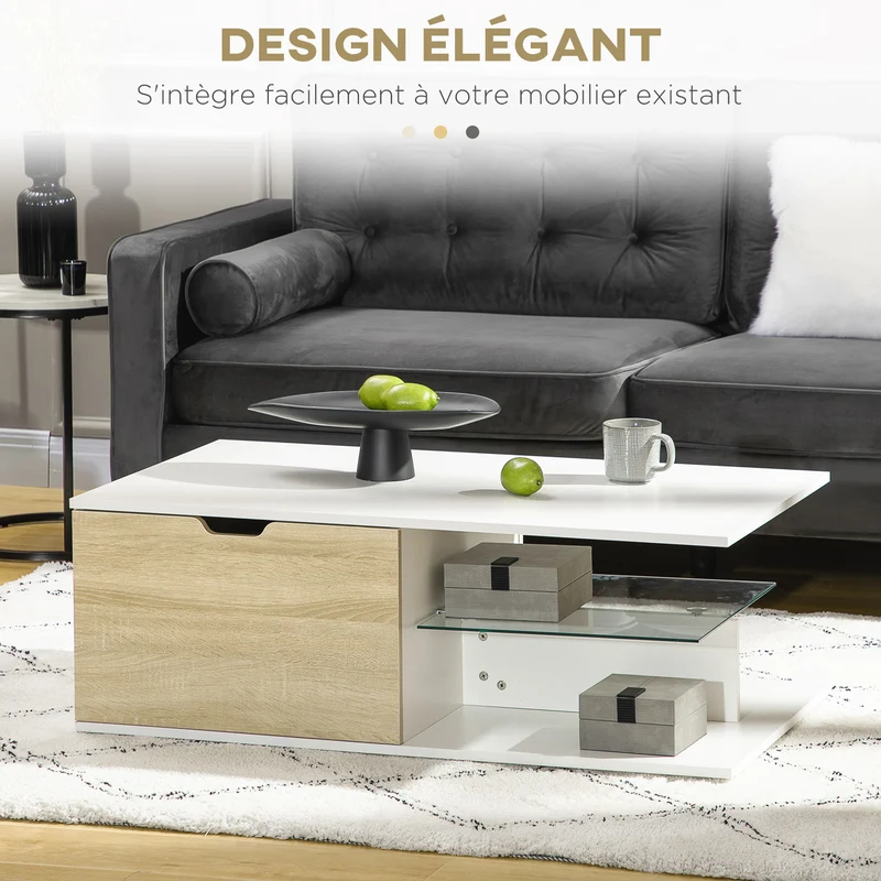 Table basse rectangulaire 106 x 58 x 39 cm 2 tiroirs rangement compact contemporain en panneau de particules blanc 21_0003054