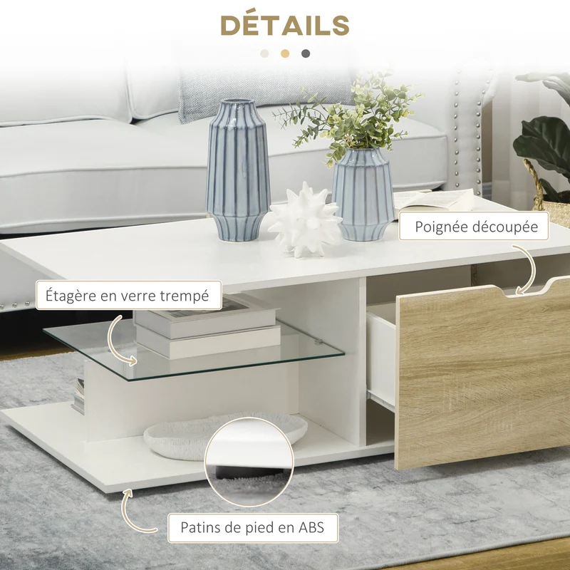 Table basse rectangulaire 106 x 58 x 39 cm 2 tiroirs rangement compact contemporain en panneau de particules blanc 21_0003054