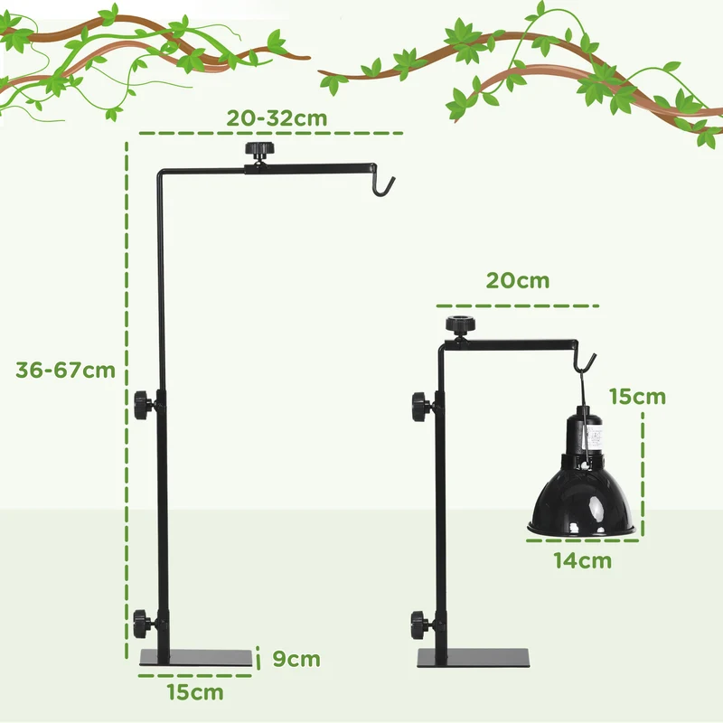 Support lampe chauffante pour reptiles 32 x 9 x 67 cm hauteur et largeur réglables base stable industriel en acier noir 21_0007854