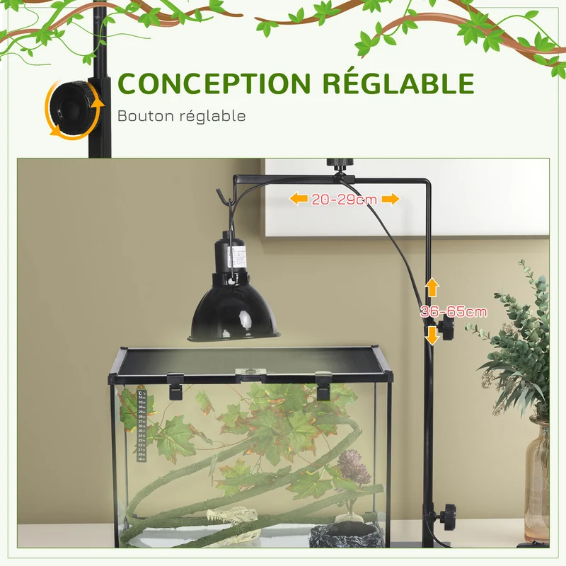 Support lampe chauffante pour reptiles 32 x 9 x 67 cm hauteur et largeur réglables base stable industriel en acier noir 21_0007854