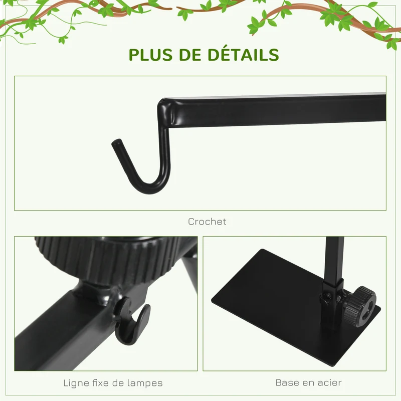 Support lampe chauffante pour reptiles 32 x 9 x 67 cm hauteur et largeur réglables base stable industriel en acier noir 21_0007854