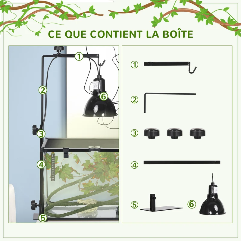 Support lampe chauffante pour reptiles 32 x 9 x 67 cm hauteur et largeur réglables base stable industriel en acier noir 21_0007854