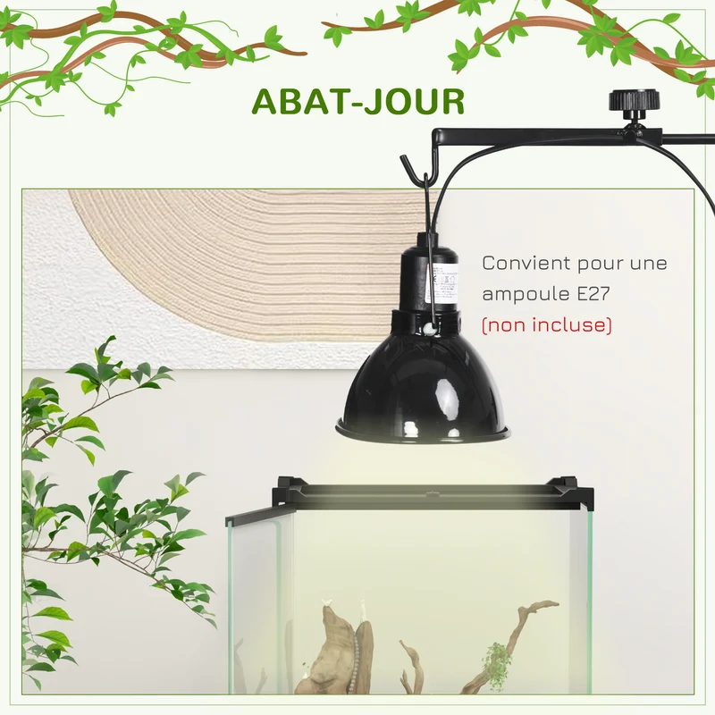Support lampe chauffante pour reptiles 32 x 9 x 67 cm hauteur et largeur réglables base stable industriel en acier noir 21_0007854
