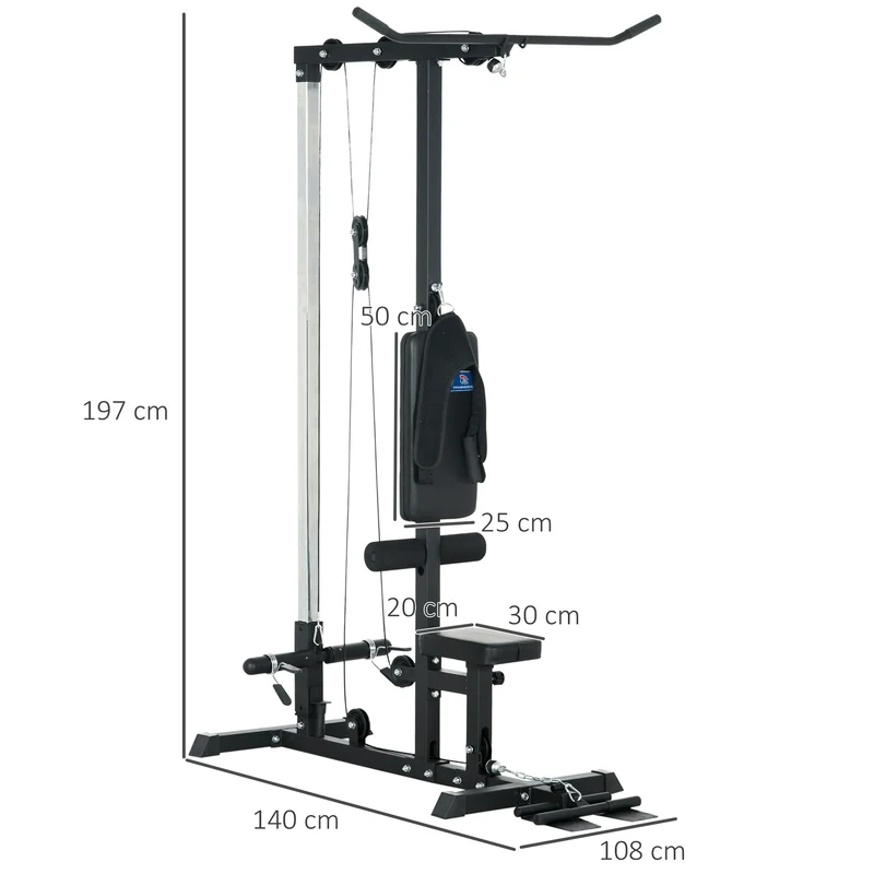 Station de musculation tirage haute et basse 140 x 108 x 197 cm siège réglable 4 hauteurs moderne épuré en acier noir 21_0006822