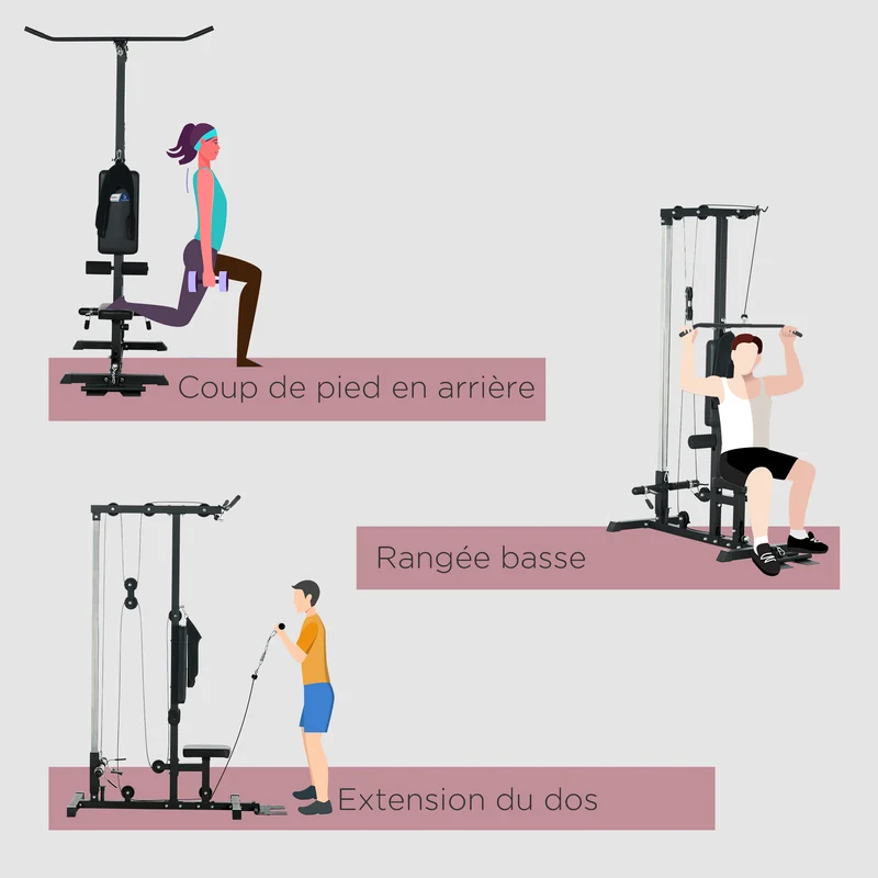 Station de musculation tirage haute et basse 140 x 108 x 197 cm siège réglable 4 hauteurs moderne épuré en acier noir 21_0006822