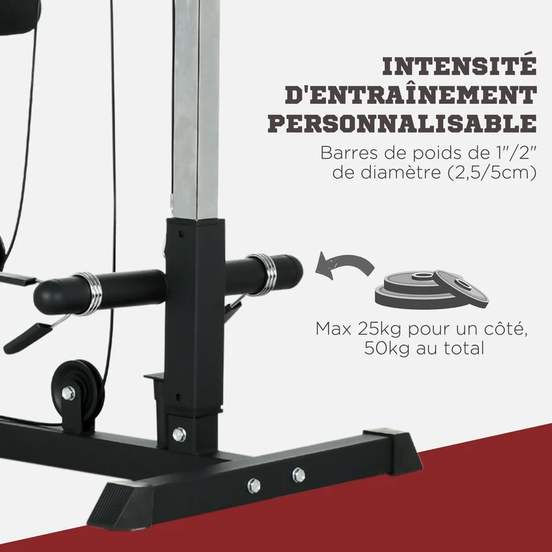 Station de musculation tirage haute et basse 140 x 108 x 197 cm siège réglable 4 hauteurs moderne épuré en acier noir 21_0006822