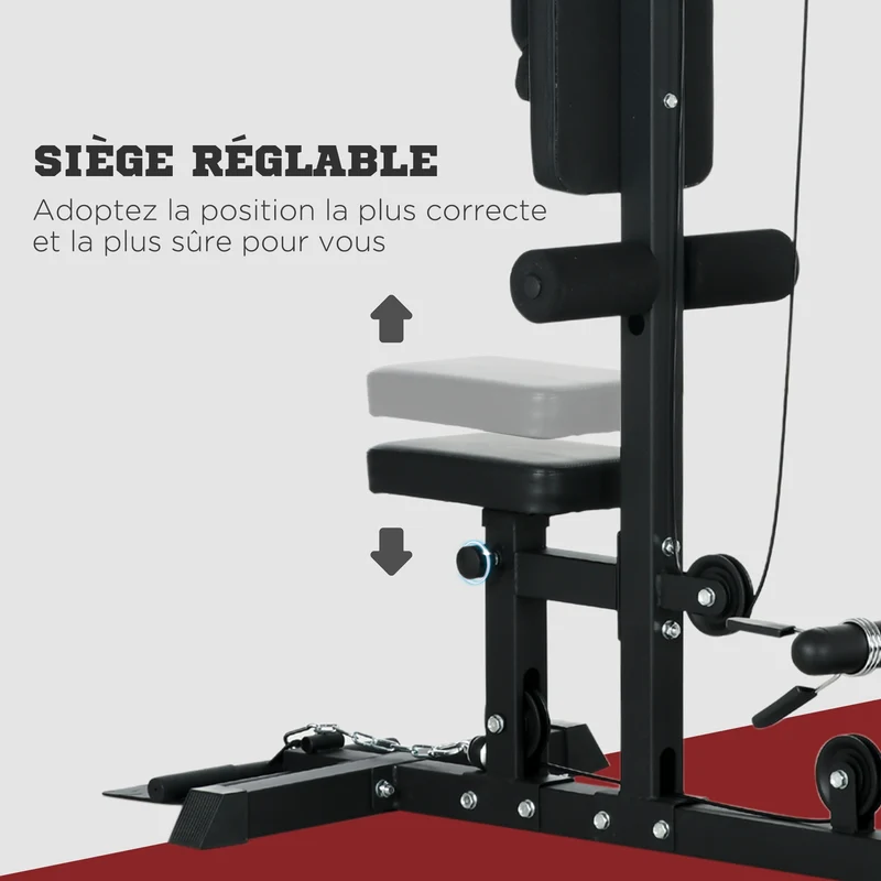 Station de musculation tirage haute et basse 140 x 108 x 197 cm siège réglable 4 hauteurs moderne épuré en acier noir 21_0006822