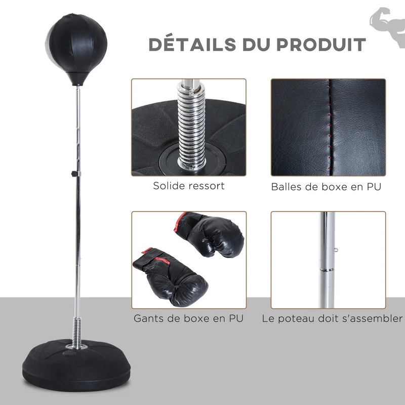 Sac de frappe sur pied 43 x 43 x 126-144 cm entraînement cardio et technique compact style industriel en acier noir 21_0006760