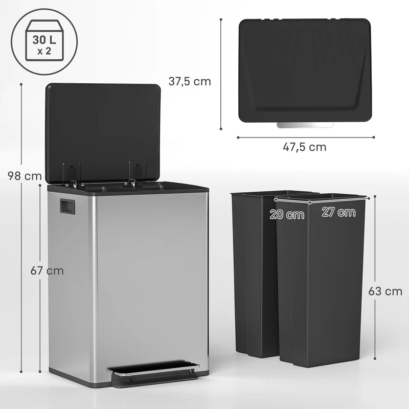 Poubelle 2 compartiments cuisine 47.5 x 37.5 x 67 cm tri 60 l fermeture douce épuré moderne en acier inoxydable argenté 21_0005942