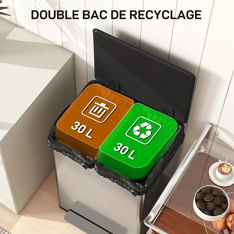 Poubelle 2 compartiments cuisine 47.5 x 37.5 x 67 cm tri 60 l fermeture douce épuré moderne en acier inoxydable argenté 21_0005942