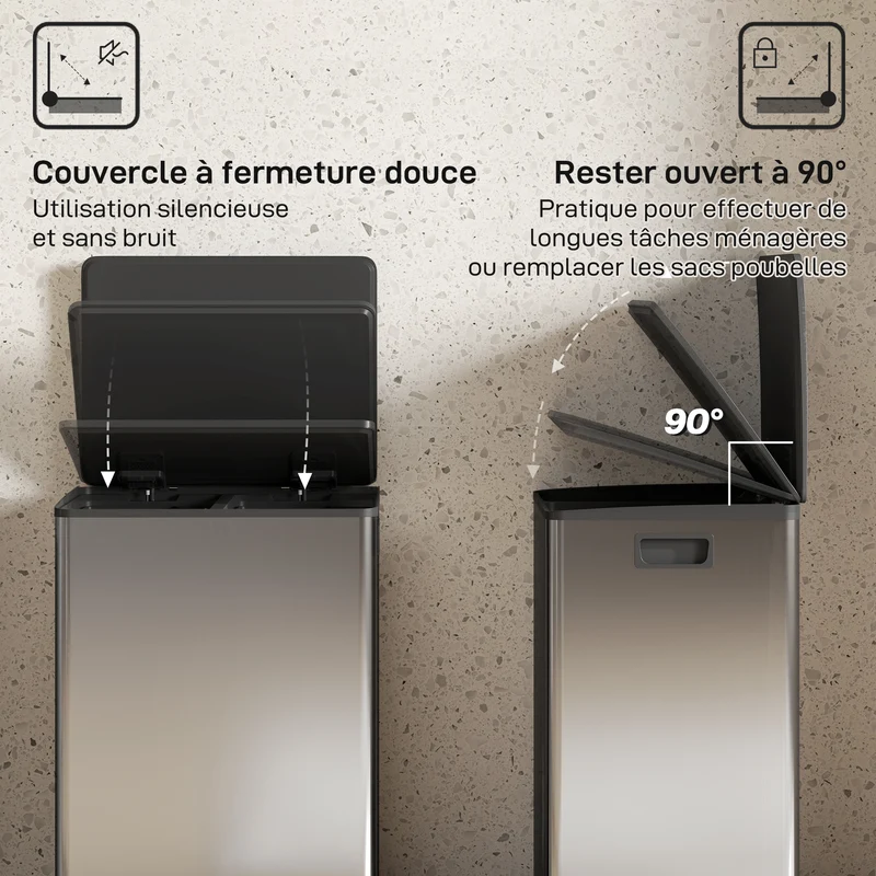 Poubelle 2 compartiments cuisine 47.5 x 37.5 x 67 cm tri 60 l fermeture douce épuré moderne en acier inoxydable argenté 21_0005942