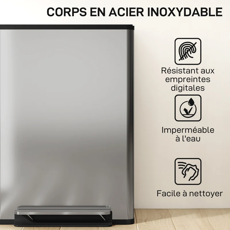Poubelle 2 compartiments cuisine 47.5 x 37.5 x 67 cm tri 60 l fermeture douce épuré moderne en acier inoxydable argenté 21_0005942