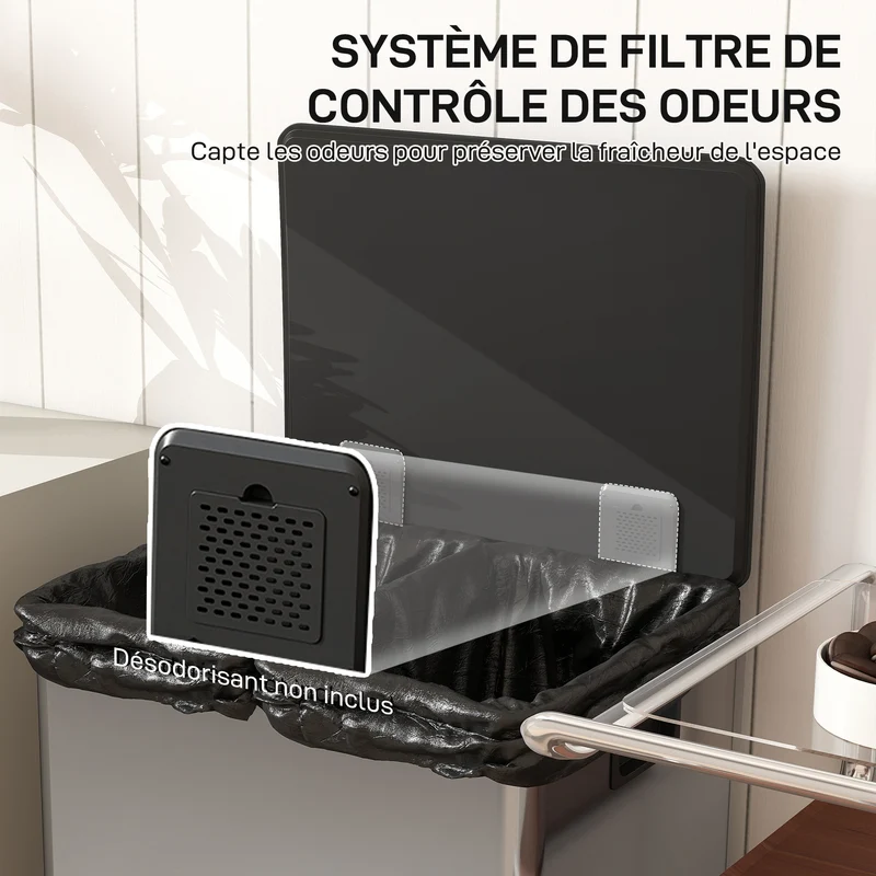 Poubelle 2 compartiments cuisine 47.5 x 37.5 x 67 cm tri 60 l fermeture douce épuré moderne en acier inoxydable argenté 21_0005942