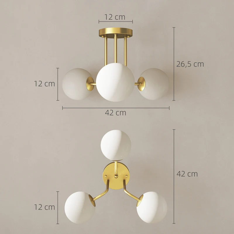 Plafonnier trois lumières abat-jours globes 42 x 42 x 26,5 cm diffusion douce ambiance cosy contemporain en métal doré 21_0007068